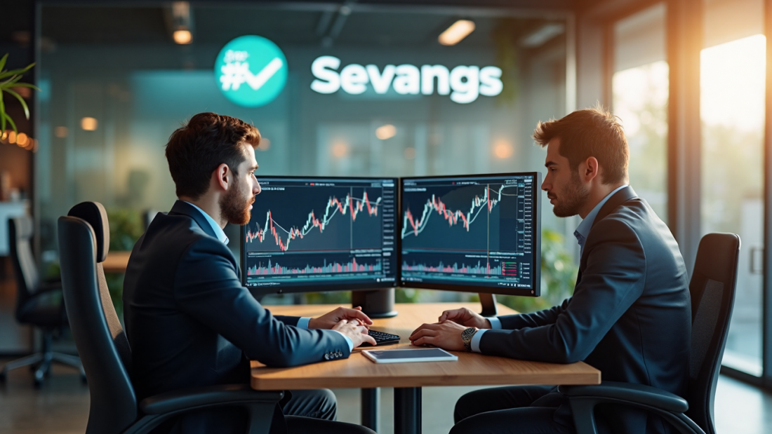 Two traders analyze swing trading charts in a bright office