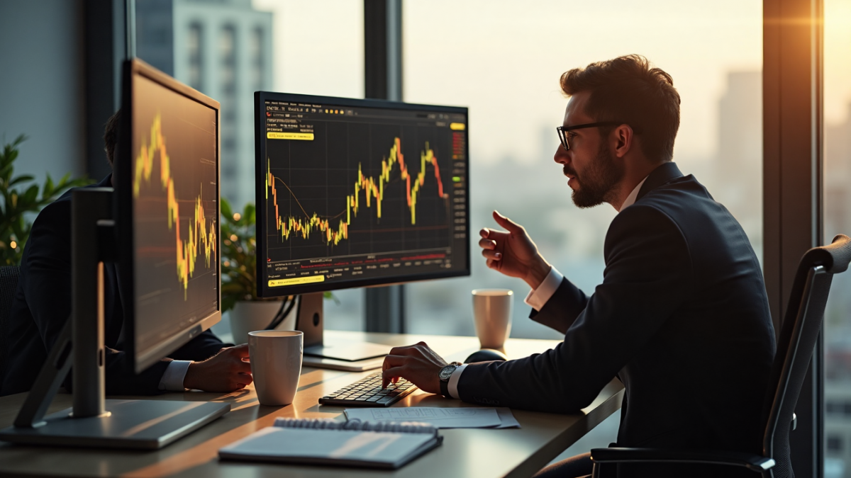 Traders analyze gold charts in bright modern office