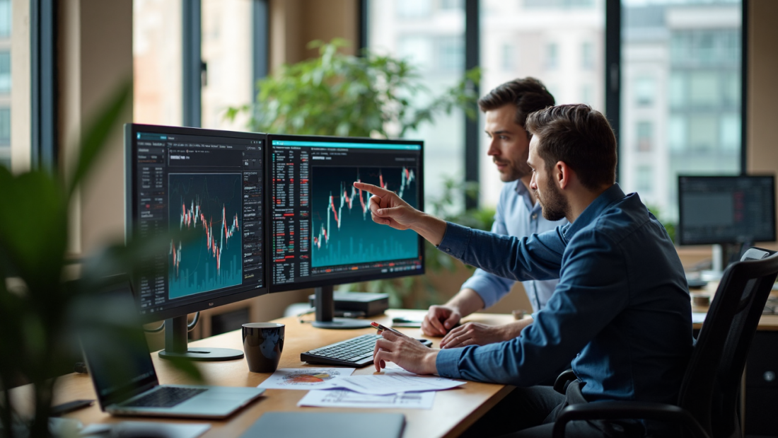 Two traders review gold data in bright office