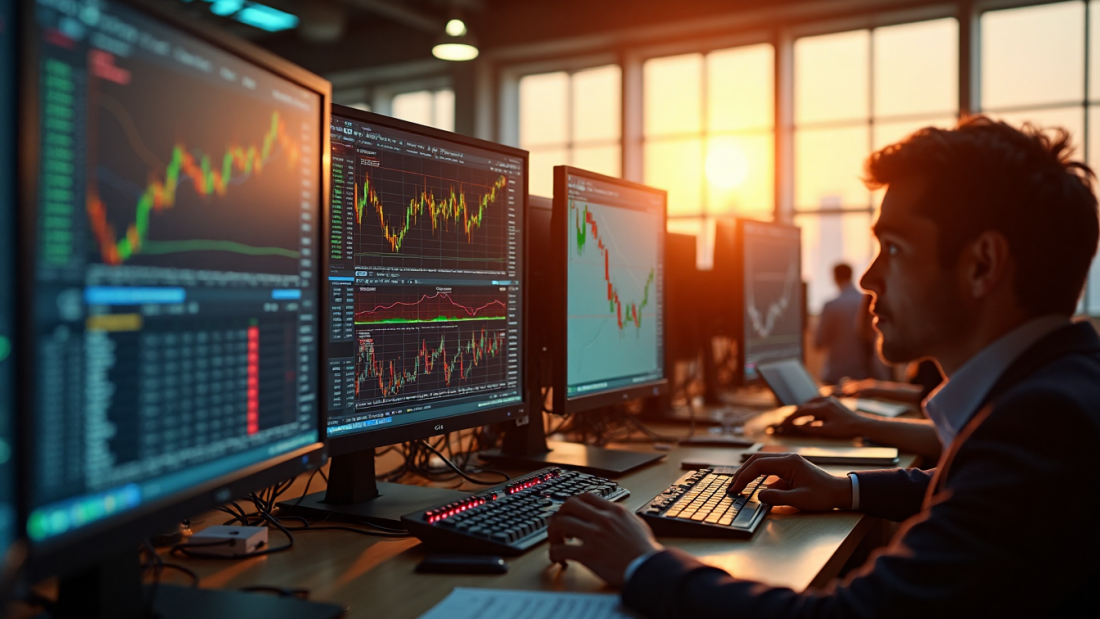 Traders watching gold price charts on floor display with 'Gold Risks' text