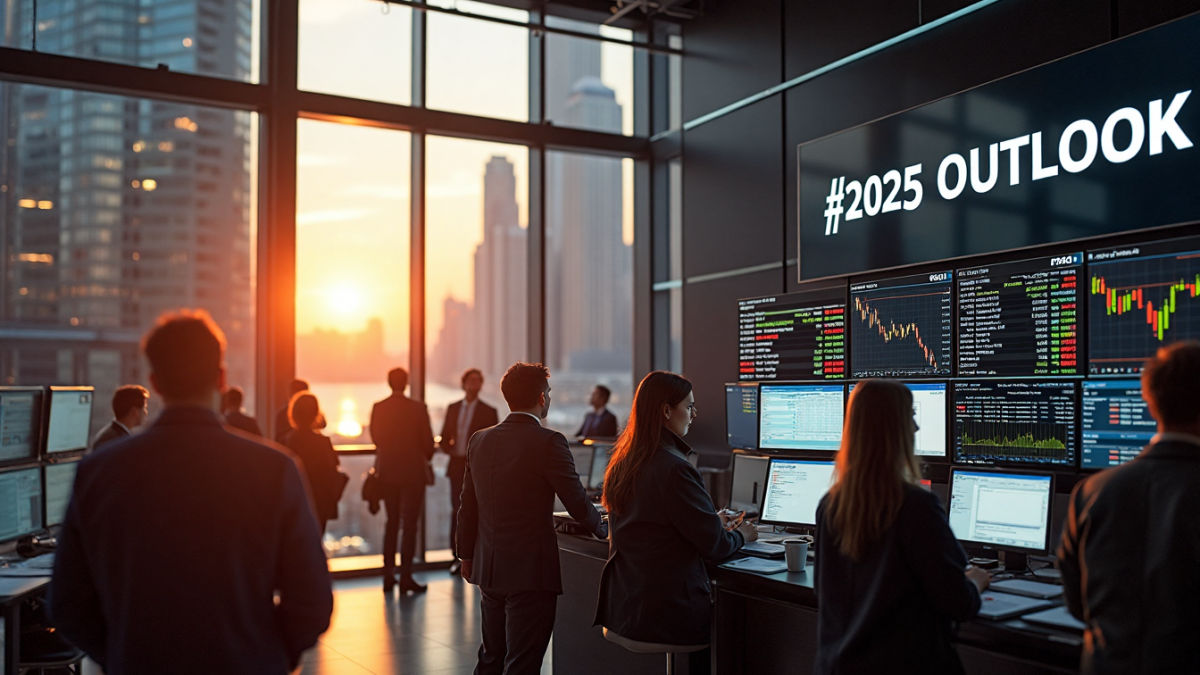Financial traders on a busy trading floor with gold and US dollar charts