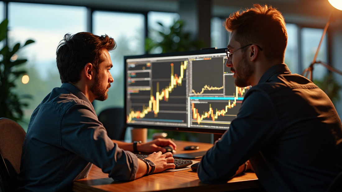 Two traders analyze gold price charts in sunlit office