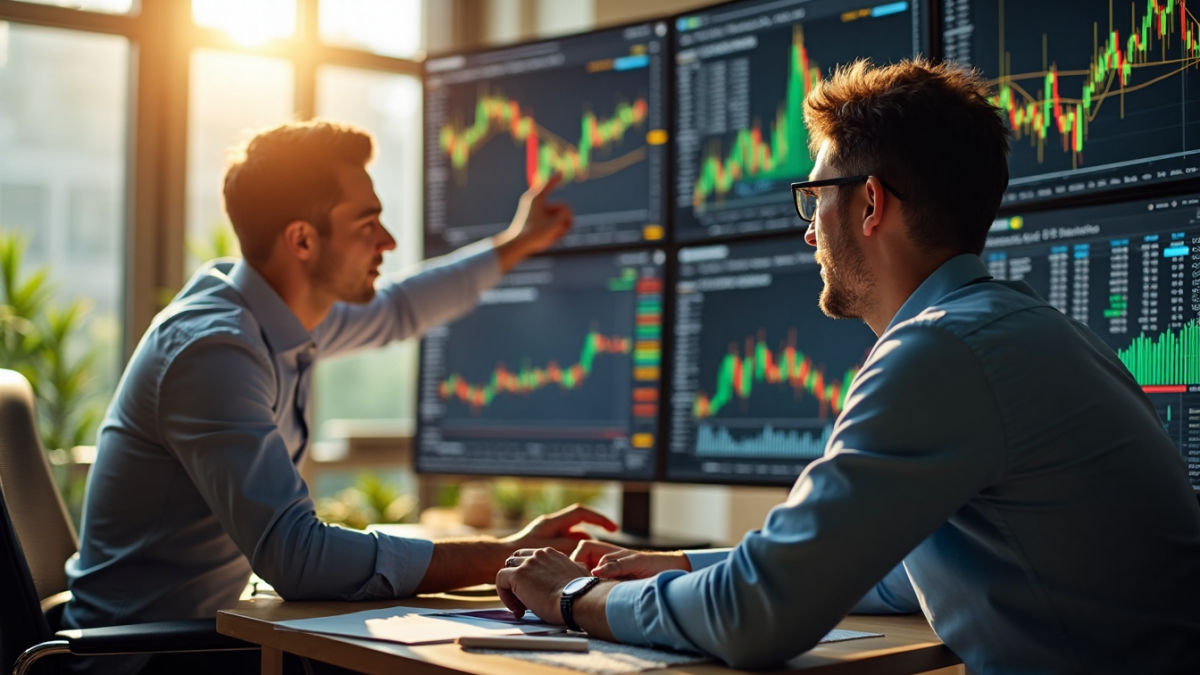 Traders analyzing gold forex price charts in bright office with Gold Forex on screen