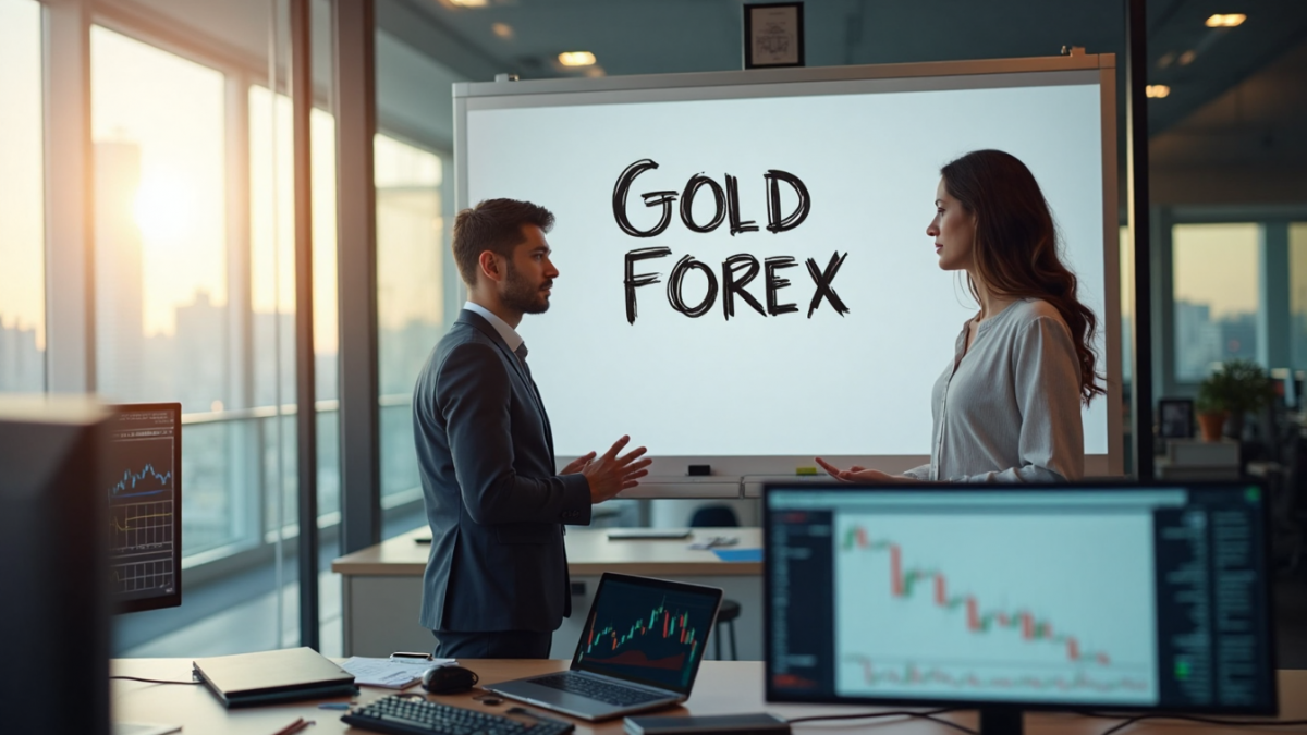 Forex traders analyzing gold prices with 'Gold Forex' handwritten on whiteboard