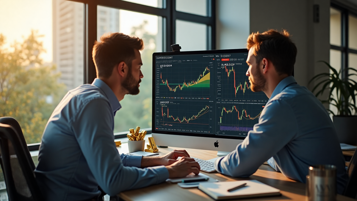 Two traders analyzing gold charts with technical indicators in modern office