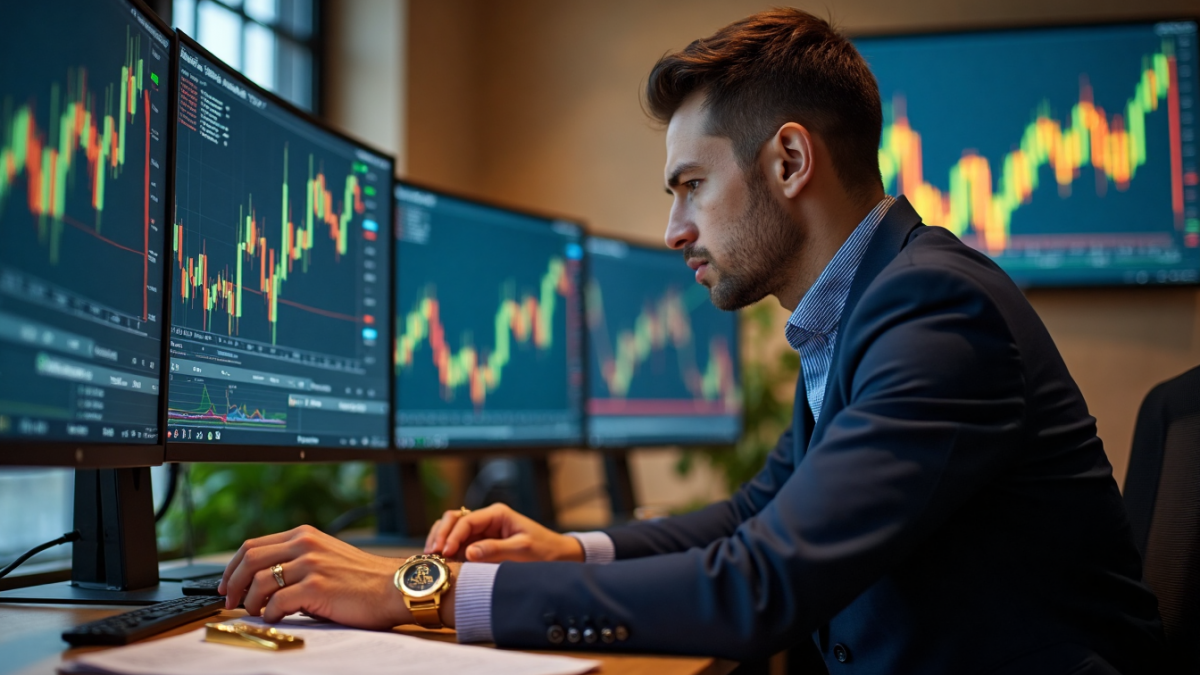 Trader at desk analyzing gold price charts and market trends