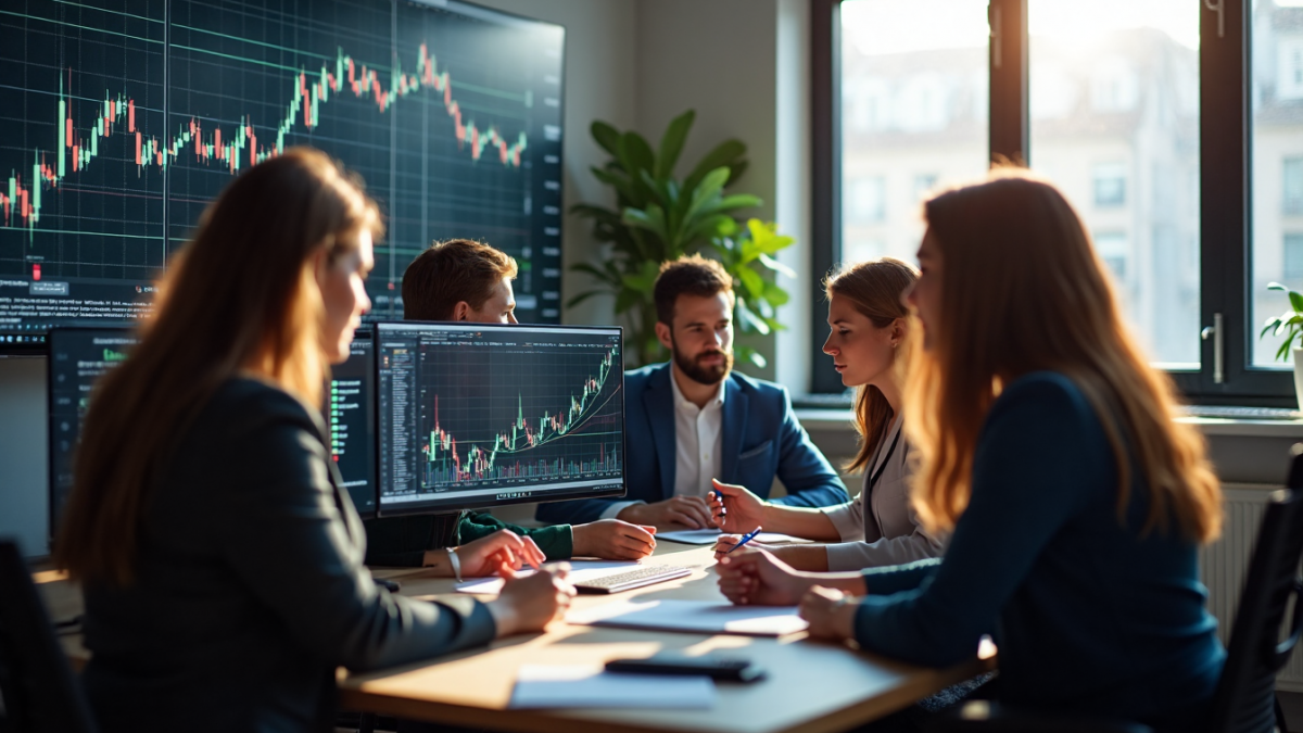 Financial trading team analyzes gold price charts in a modern office