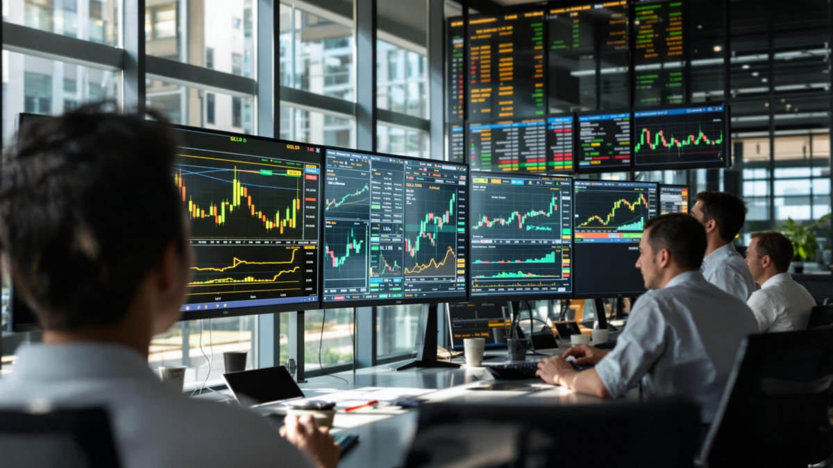 Traders examining gold market trend charts in a modern office analysis setting