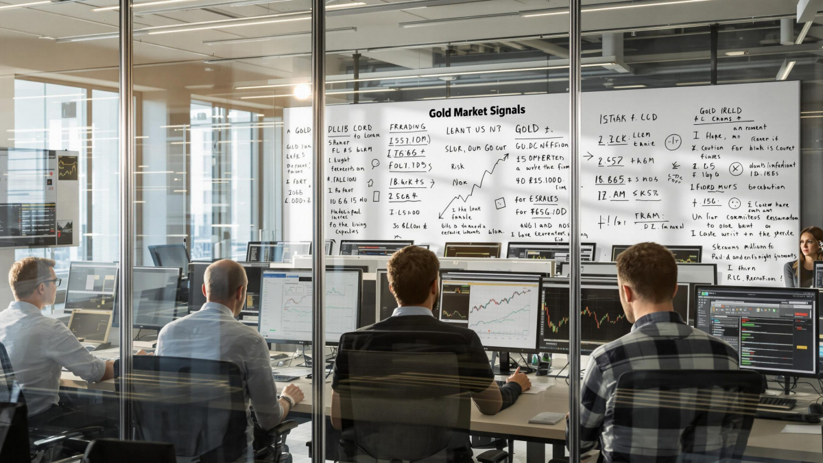 Financial analysts reviewing gold price charts and market signals in a busy trading office