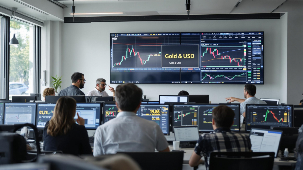 Traders analyze gold and USD data in a bright office