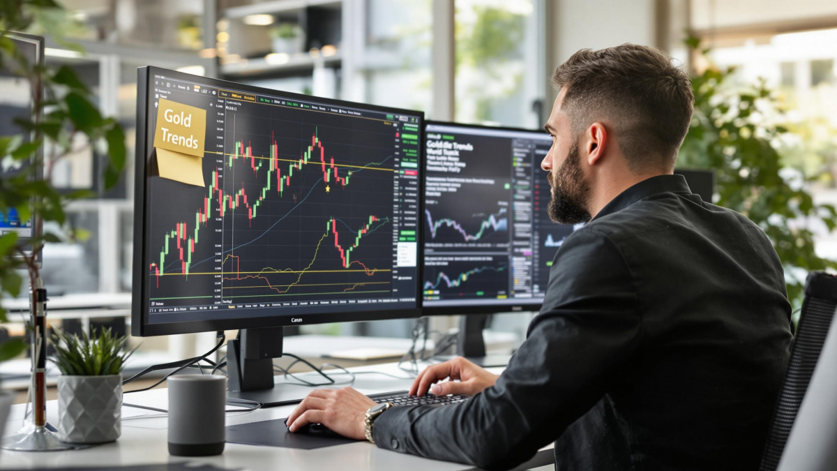 Analyst reviews gold price charts and news, 'Gold Trends' on sticky note