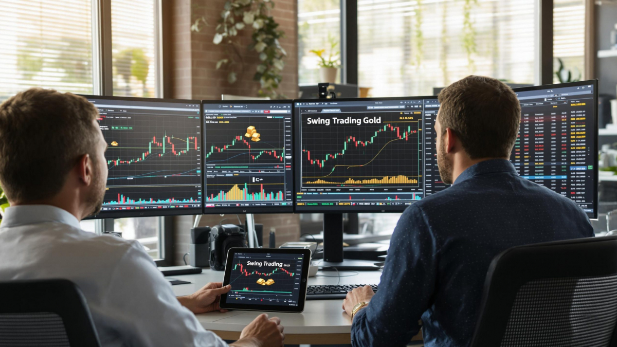 Modern financial office with traders analyzing gold swing charts, 'Swing Trading Gold' visible on screen
