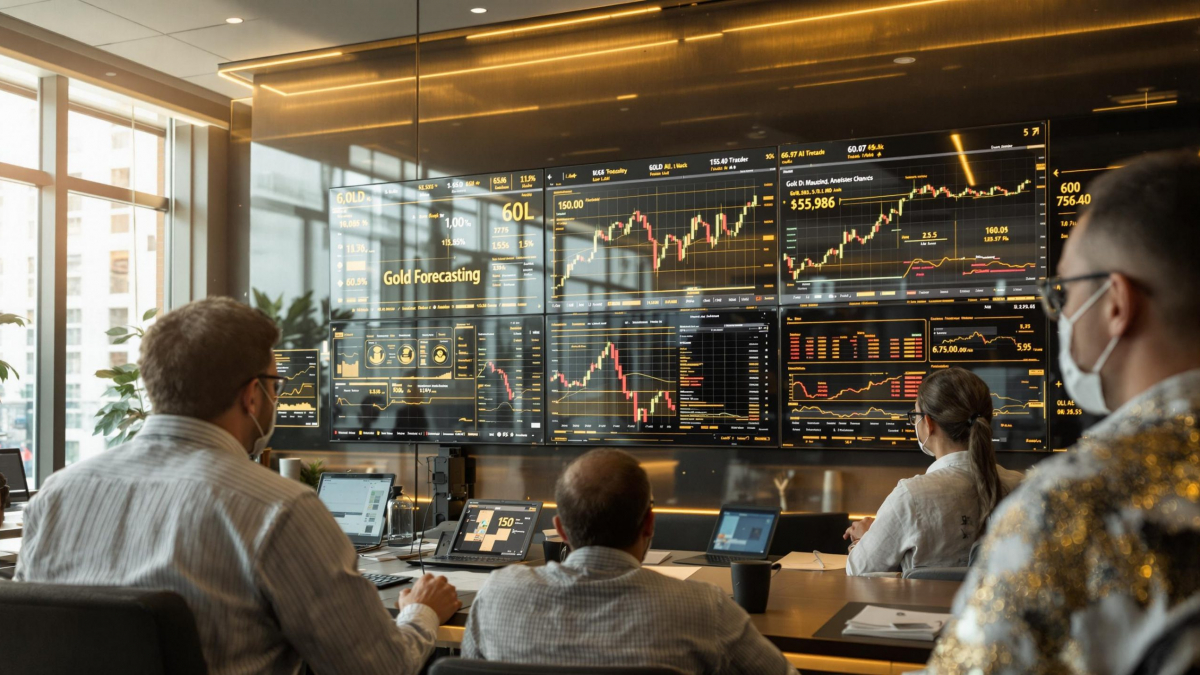 Traders in a modern room analyzing gold price forecasts on digital screens