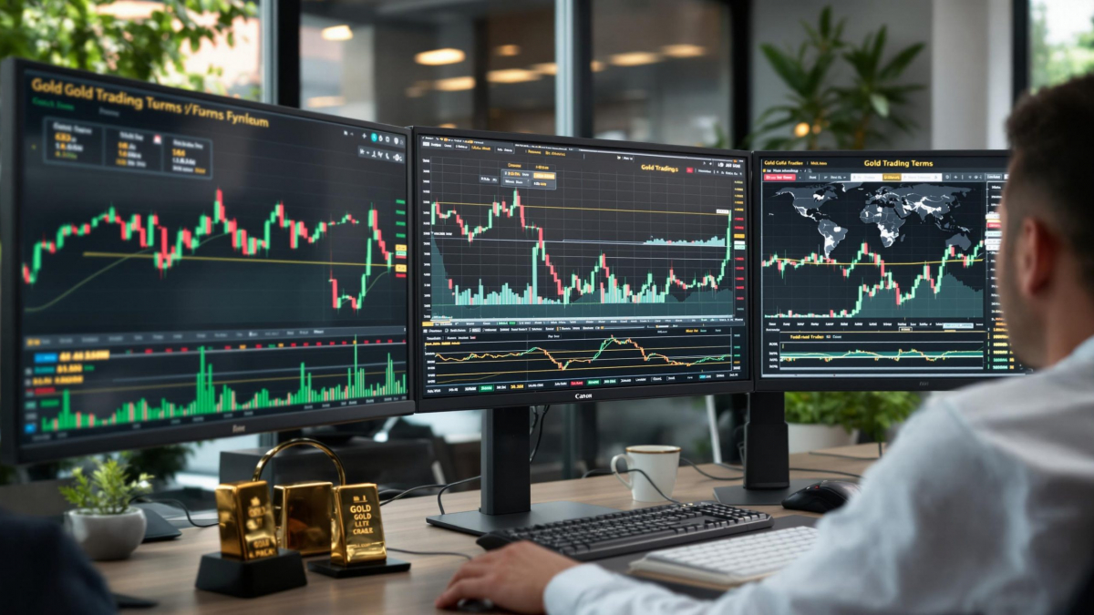 Analyst reviews gold trading charts with 'Gold Trading Terms' on monitor