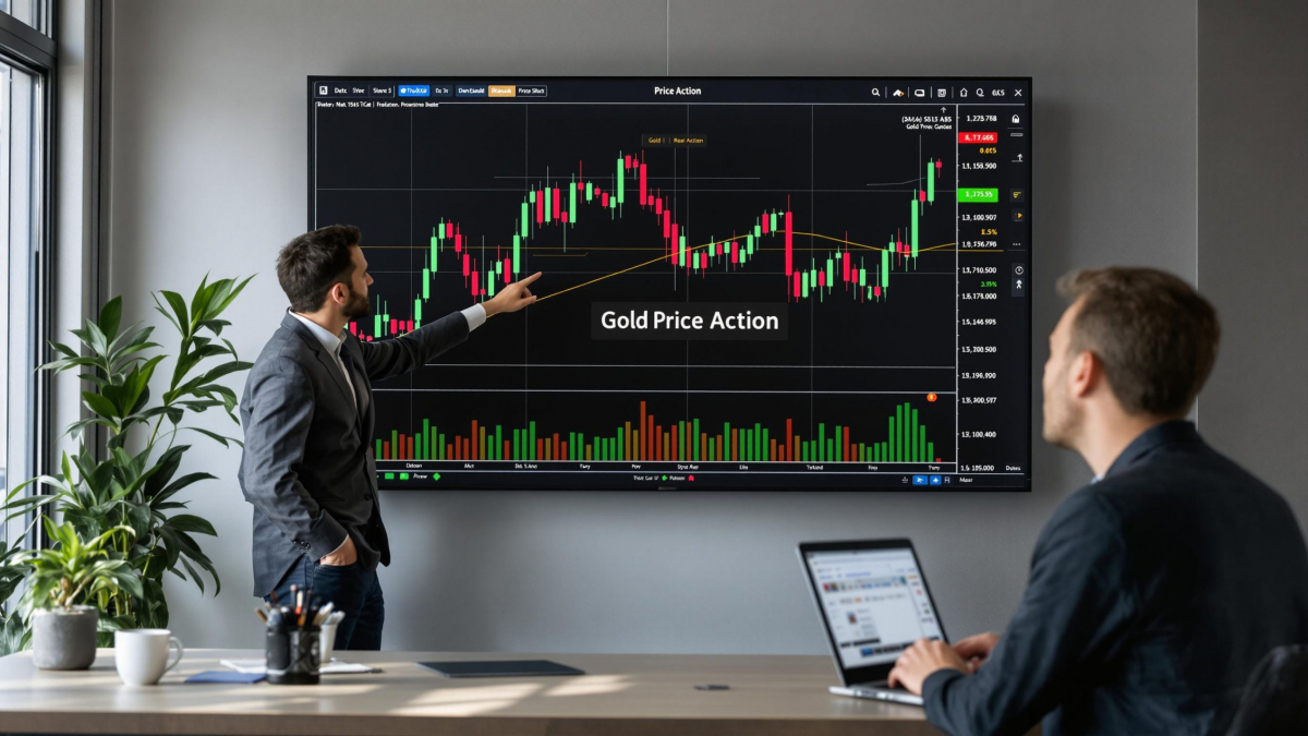 Traders analyzing gold and forex price chart with 'Price Action' text overlay