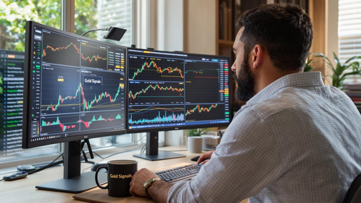 Trader analyzing gold price signals on multiple screens in a modern home office setting