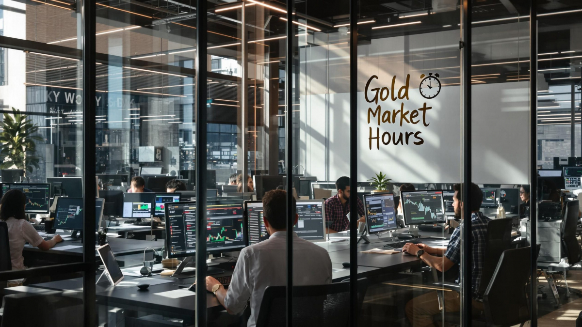 Forex traders in office watching gold market hours across world clocks