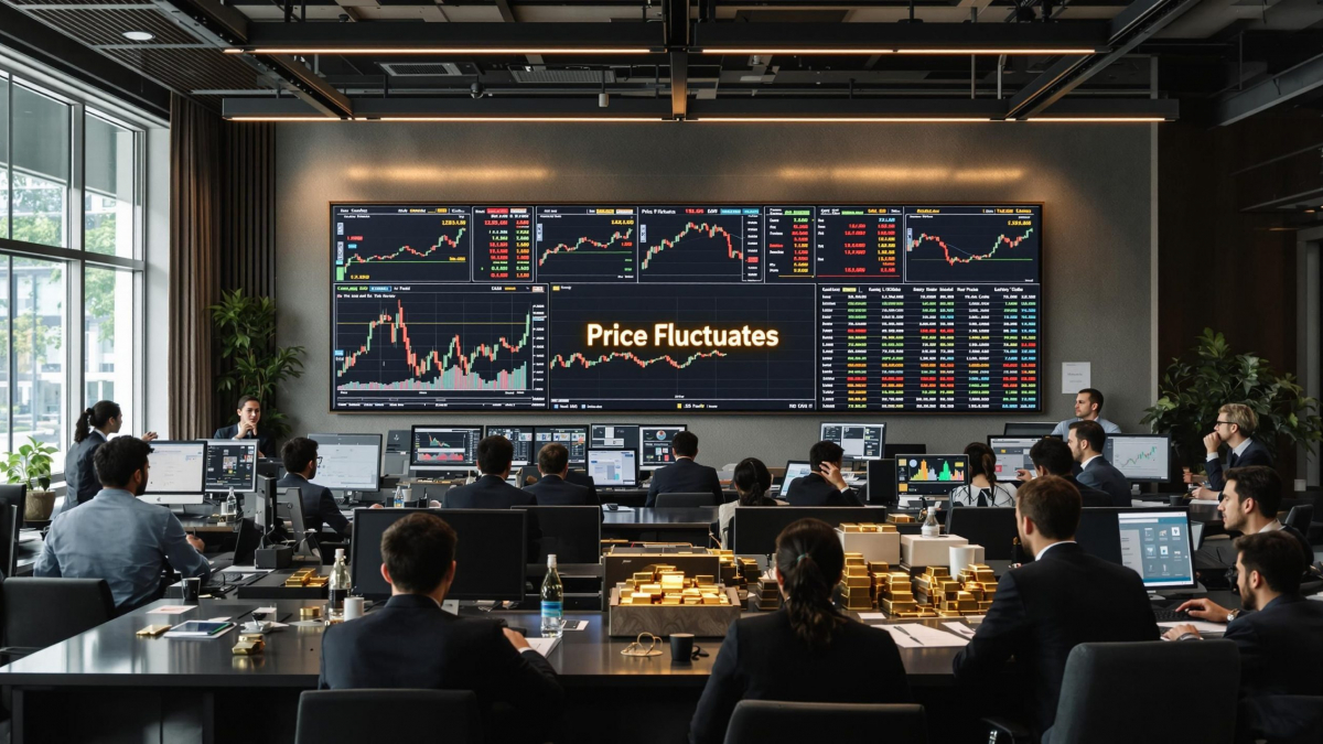 Busy trading office with gold price charts and 'Price Fluctuates' text