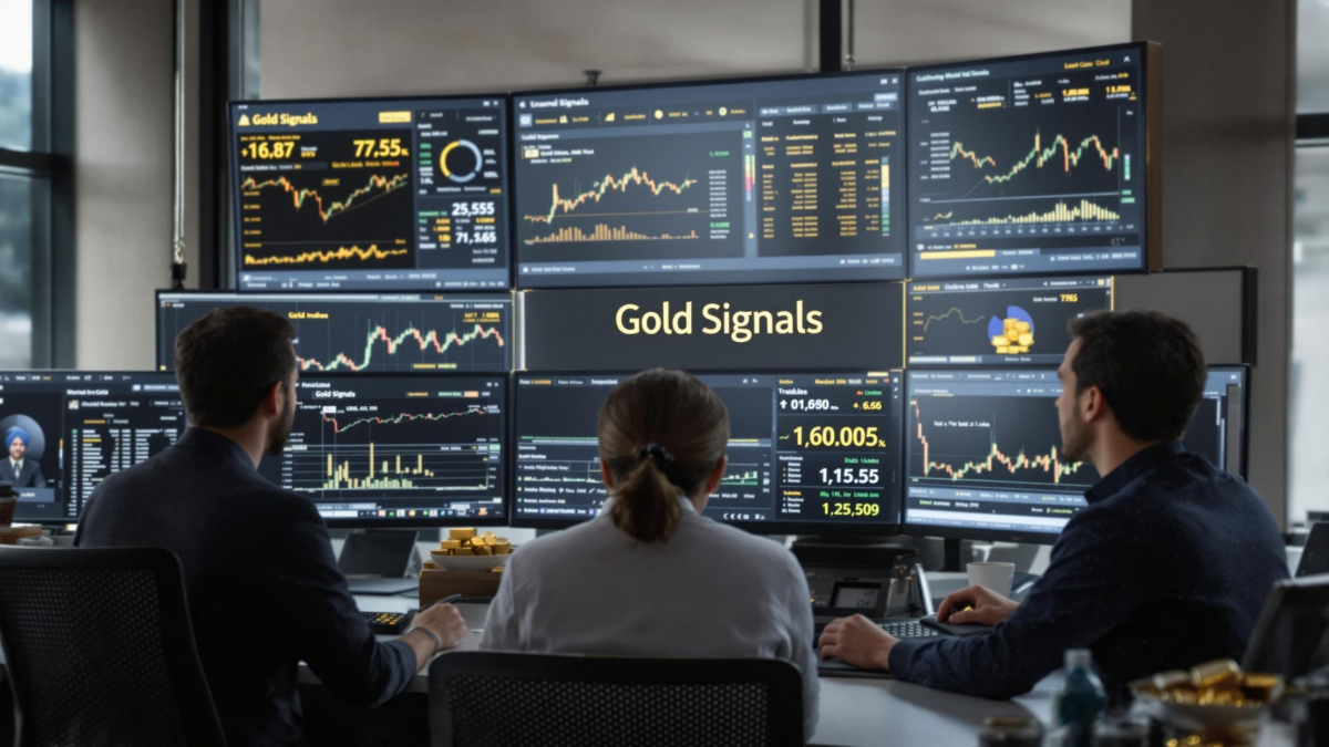 Trading office with analysts monitoring gold price signals on screens